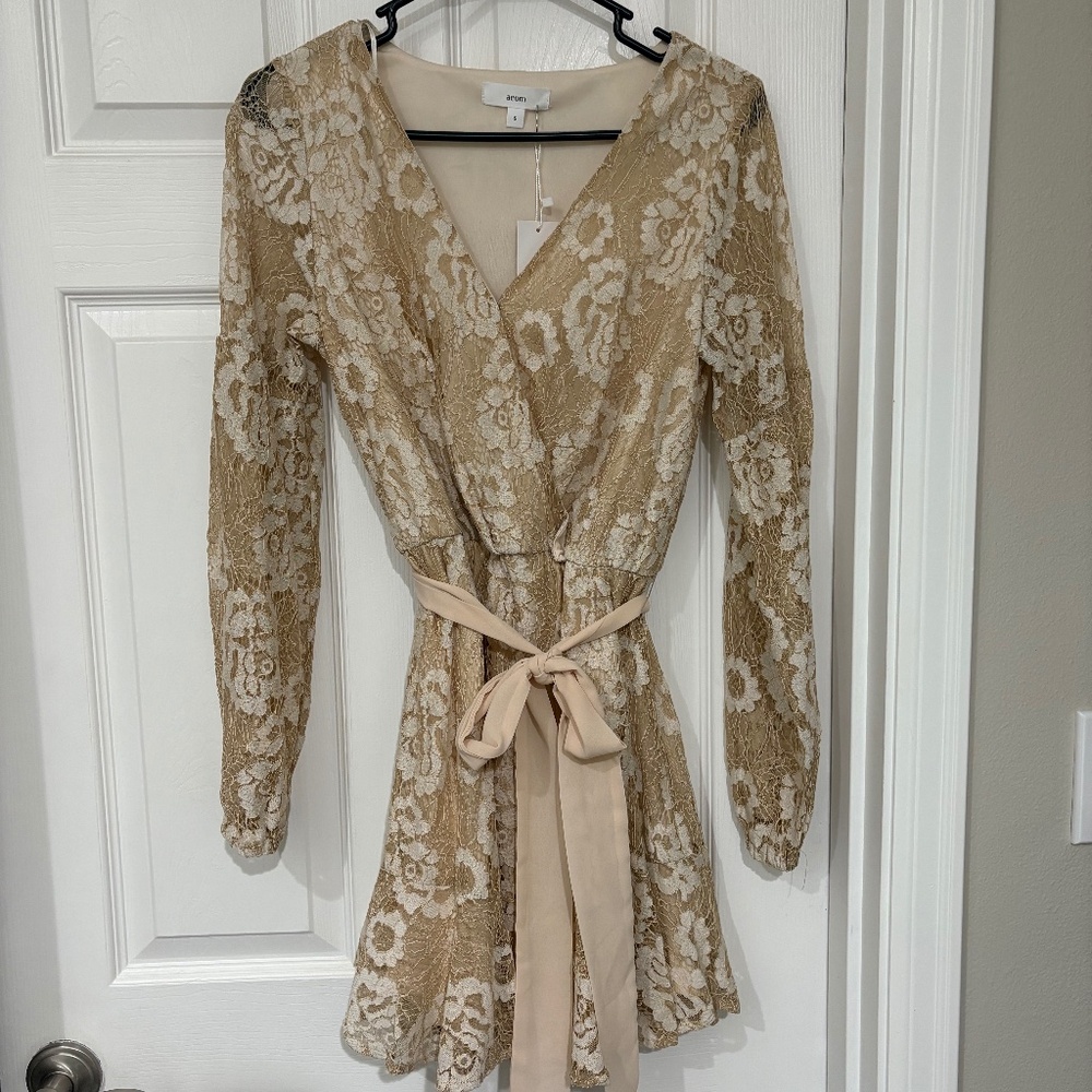 Long sleeve beige lace dress